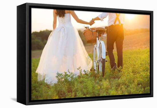 Bride and Groom with a White Wedding Bike-HalfPoint-Framed Stretched Canvas