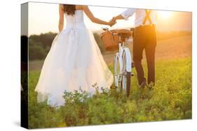 Bride and Groom with a White Wedding Bike-HalfPoint-Stretched Canvas