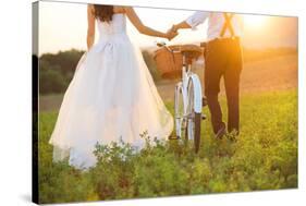 Bride and Groom with a White Wedding Bike-HalfPoint-Stretched Canvas