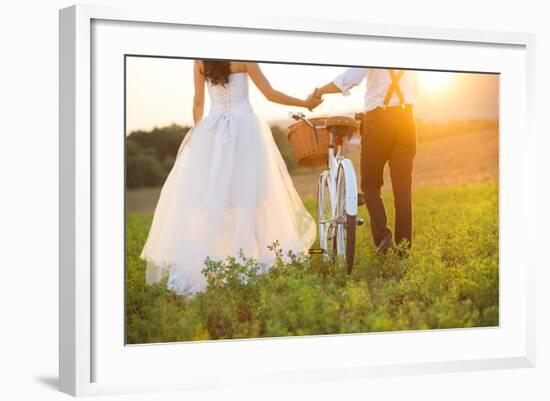 Bride and Groom with a White Wedding Bike-HalfPoint-Framed Photographic Print