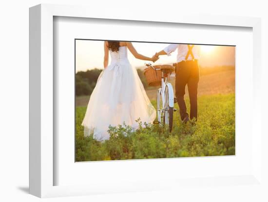 Bride and Groom with a White Wedding Bike-HalfPoint-Framed Photographic Print