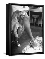 Bride Barbara Alvin Wearing a Blue Garter on Her Leg for Her Wedding-Nina Leen-Framed Stretched Canvas