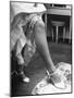 Bride Barbara Alvin Wearing a Blue Garter on Her Leg for Her Wedding-Nina Leen-Mounted Photographic Print