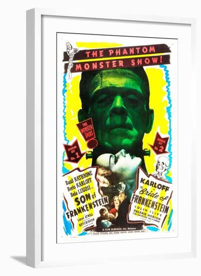 Bride of Frankenstein / Son of Frankenstein double feature poster featuring Boris Karloff-null-Framed Art Print