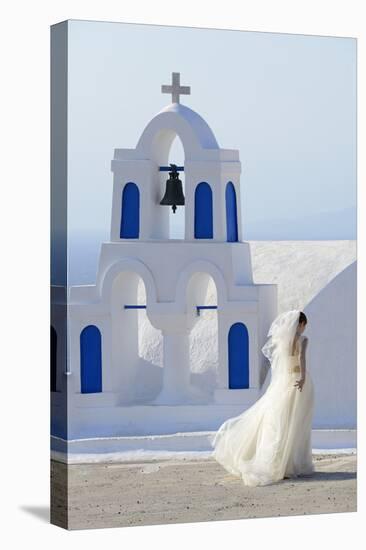 Bride Walking Past Church, Santorini, Kyclades, South Aegean, Greece, Europe-Christian Heeb-Stretched Canvas