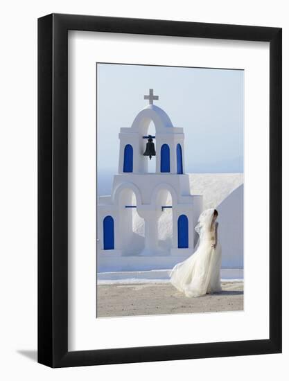 Bride Walking Past Church, Santorini, Kyclades, South Aegean, Greece, Europe-Christian Heeb-Framed Photographic Print