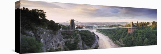 Bridge across a River at Sunset, Clifton Suspension Bridge, Avon Gorge, Avon River, Bristol, Eng...-null-Stretched Canvas