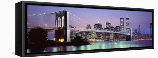 Bridge across a River Lit Up at Dusk, Brooklyn Bridge, East River, World Trade Center-null-Framed Stretched Canvas