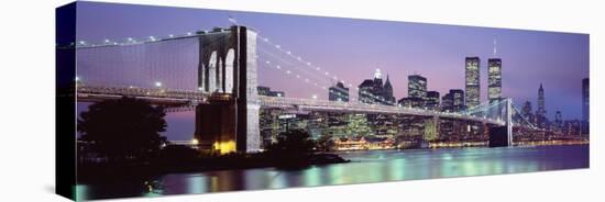 Bridge across a River Lit Up at Dusk, Brooklyn Bridge, East River, World Trade Center-null-Stretched Canvas