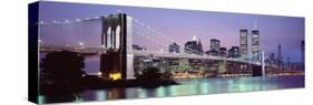 Bridge across a River Lit Up at Dusk, Brooklyn Bridge, East River, World Trade Center-null-Stretched Canvas