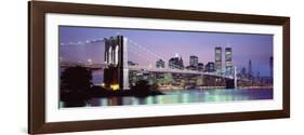 Bridge across a River Lit Up at Dusk, Brooklyn Bridge, East River, World Trade Center-null-Framed Photographic Print