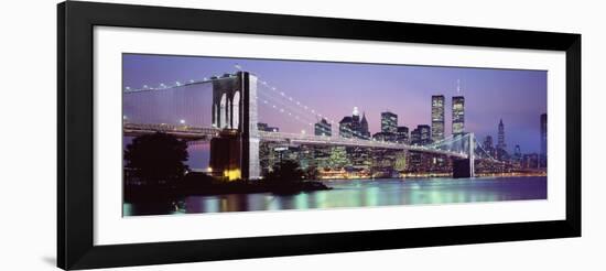 Bridge across a River Lit Up at Dusk, Brooklyn Bridge, East River, World Trade Center-null-Framed Photographic Print