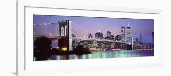 Bridge across a River Lit Up at Dusk, Brooklyn Bridge, East River, World Trade Center-null-Framed Photographic Print