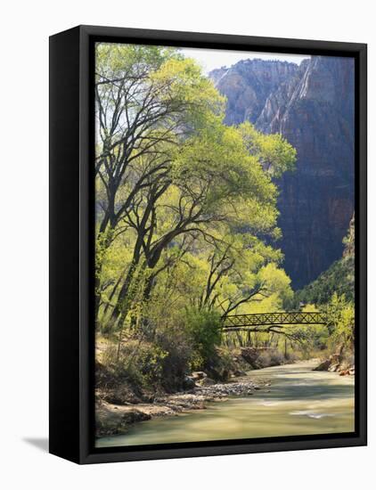 Bridge across River with Mountains in Background, Virgin River, Zion National Park, Utah, USA-Scott T. Smith-Framed Stretched Canvas