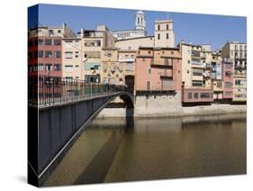 Bridge, Cathedral and Brightly Painted Houses on the Riu Onyar, Girona, Catalonia, Spain-Martin Child-Stretched Canvas