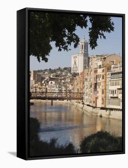 Bridge, Cathedral and Painted Houses on the Bank of the Riu Onyar, Girona, Catalonia, Spain-Martin Child-Framed Stretched Canvas