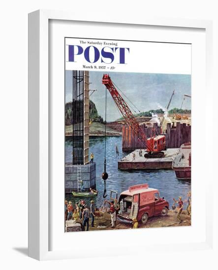 "Bridge Construction" Saturday Evening Post Cover, March 9, 1957-Ben Kimberly Prins-Framed Giclee Print