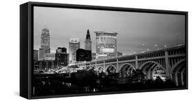 Bridge in a City Lit Up at Dusk, Detroit Avenue Bridge, Cleveland, Ohio, USA-null-Framed Stretched Canvas