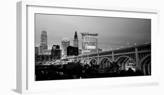 Bridge in a City Lit Up at Dusk, Detroit Avenue Bridge, Cleveland, Ohio, USA-null-Framed Photographic Print