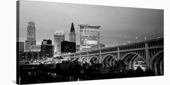 Bridge in a City Lit Up at Dusk, Detroit Avenue Bridge, Cleveland, Ohio, USA-null-Stretched Canvas