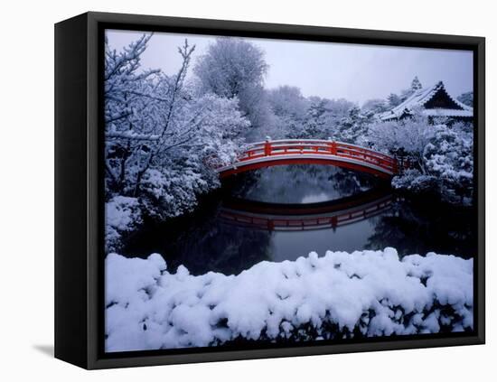 Bridge in Sinsen-En Garden in Snow, Kyoto, Japan-null-Framed Stretched Canvas