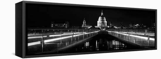 Bridge Lit Up at Night, London Millennium Footbridge, St. Paul's Cathedral, Thames River-null-Framed Stretched Canvas