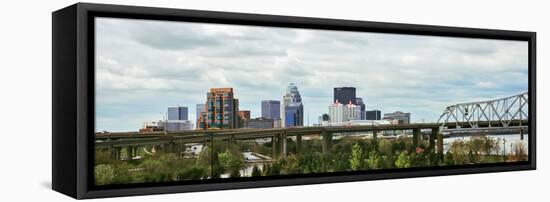 Bridge with Skyline in the Background, John F. Kennedy Memorial Bridge, Louisville, Kentucky, USA-null-Framed Stretched Canvas