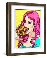 Bright Attractive Sexy Cover Hot Pink Hair Girl with Burgers, Pop Art Retro Hipster Fashion Retro P-Faith Nyky-Framed Art Print