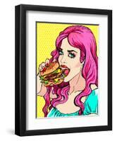 Bright Attractive Sexy Cover Hot Pink Hair Girl with Burgers, Pop Art Retro Hipster Fashion Retro P-Faith Nyky-Framed Art Print