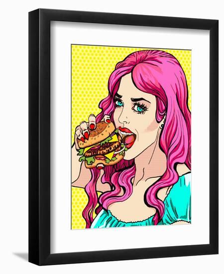 Bright Attractive Sexy Cover Hot Pink Hair Girl with Burgers, Pop Art Retro Hipster Fashion Retro P-Faith Nyky-Framed Art Print