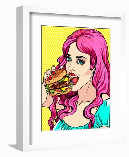 Bright Attractive Sexy Cover Hot Pink Hair Girl with Burgers, Pop Art Retro Hipster Fashion Retro P-Faith Nyky-Framed Art Print