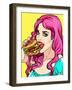 Bright Attractive Sexy Cover Hot Pink Hair Girl with Burgers, Pop Art Retro Hipster Fashion Retro P-Faith Nyky-Framed Art Print