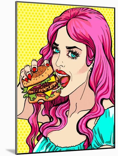 Bright Attractive Sexy Cover Hot Pink Hair Girl with Burgers, Pop Art Retro Hipster Fashion Retro P-Faith Nyky-Mounted Art Print