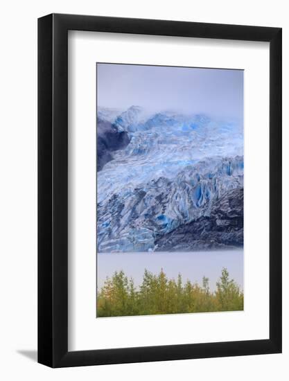 Bright blue ice of Mendenhall Glacier flowing from Juneau Ice Field, mist on Mendenhall Lake, Junea-Eleanor Scriven-Framed Photographic Print