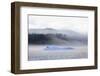 Bright blue iceberg from Mendenhall Glacier, surrounded by mist on Mendenhall Lake, Juneau, Alaska,-Eleanor Scriven-Framed Photographic Print