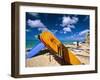 Bright Colored Surfboards on Waikiki Beach-George Oze-Framed Photographic Print