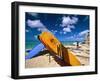 Bright Colored Surfboards on Waikiki Beach-George Oze-Framed Photographic Print