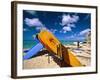 Bright Colored Surfboards on Waikiki Beach-George Oze-Framed Photographic Print