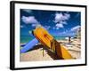 Bright Colored Surfboards on Waikiki Beach-George Oze-Framed Photographic Print