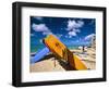 Bright Colored Surfboards on Waikiki Beach-George Oze-Framed Photographic Print