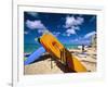 Bright Colored Surfboards on Waikiki Beach-George Oze-Framed Photographic Print