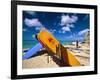 Bright Colored Surfboards on Waikiki Beach-George Oze-Framed Photographic Print