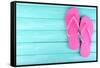 Bright Flip-Flops on Color Wooden Background-Yastremska-Framed Stretched Canvas