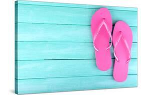 Bright Flip-Flops on Color Wooden Background-Yastremska-Stretched Canvas