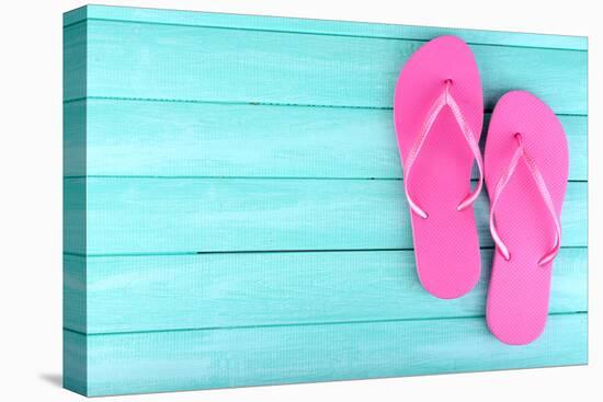 Bright Flip-Flops on Color Wooden Background-Yastremska-Stretched Canvas