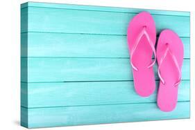 Bright Flip-Flops on Color Wooden Background-Yastremska-Stretched Canvas