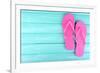 Bright Flip-Flops on Color Wooden Background-Yastremska-Framed Photographic Print