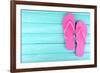 Bright Flip-Flops on Color Wooden Background-Yastremska-Framed Photographic Print