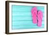 Bright Flip-Flops on Color Wooden Background-Yastremska-Framed Photographic Print