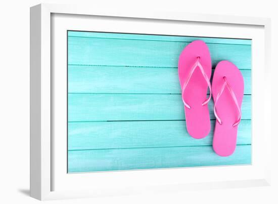 Bright Flip-Flops on Color Wooden Background-Yastremska-Framed Photographic Print